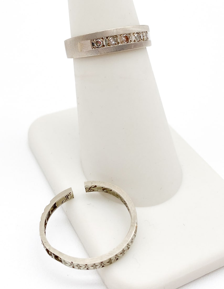 Two White Gold & Diamond Rings: 2 Pieces: 14kt Ring With 5 Round Cut Diamonds, Approximately 1 Ct. Total, 18kt Ring Cut For Scrap Lacking Stones, Total Approximate Weight 5 Grams