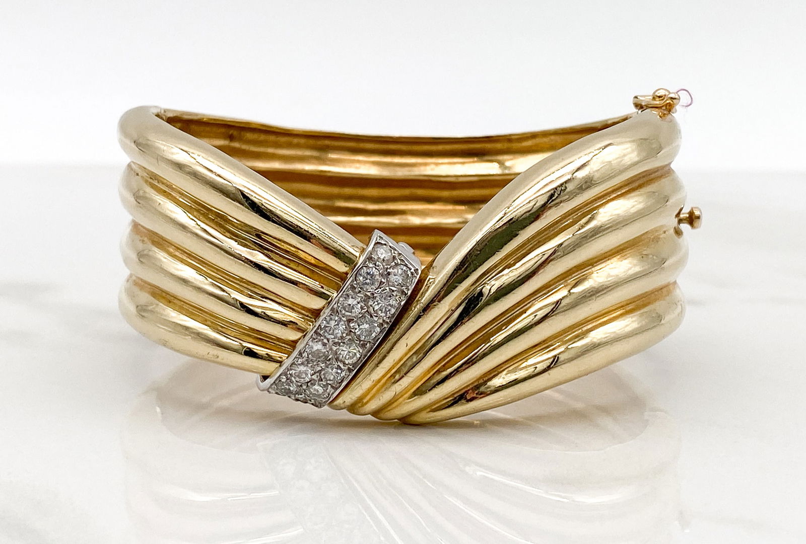 14k Yellow Gold And Diamond Bracelet: Late 20th Century, Stamped 14k, Hinged Clasp, Diamond And White Gold Removable Enhancer, Fits 6 5/8 Inch Wrist, 1 Inch Wide At Widest Point, Weight 69.6 Grams.