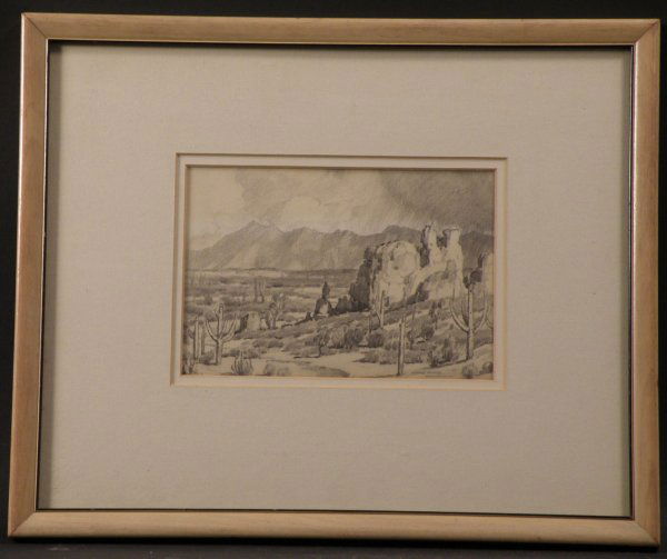Edward Hopper (1882-1967, American) sketch: "New Mexico landscape", pencil/paper, view of mountains and cacti, part of a series of works done by the artist on a trip to the Southwest in the late 1930's, signed lower right, authentication papers