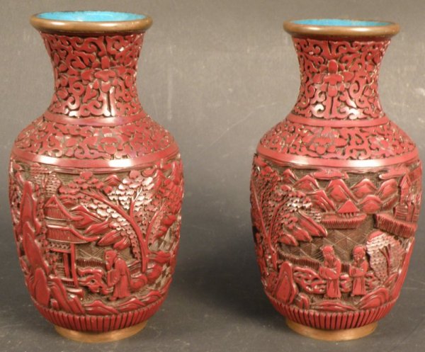 2 pieces of Chinese Cinnabar lacquer vase: depicting a garden scene. 1930's. 7.25", Republican Period