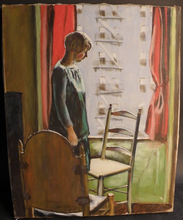O/C of a Girl Standing by a Window, signed on back: Dorothy Dcyrup, 16" x 20"