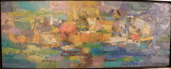 Seong Moy (China/ USA - 1921) "Cafe Harbor": Oil/Masonite, 1962, SND LR, labelled verso, 10"H x 25 1/2"W, 11"H x 26 3/4"W framed, Condition good