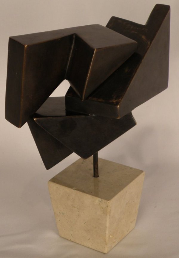 Martha Colvin (Chile 1917) 2 pcs Abstract: Bronze Sulpture on marble base, the two pieces can be interlocked in different positions, overall 10 1/2"H x 8", condition good, unsigned