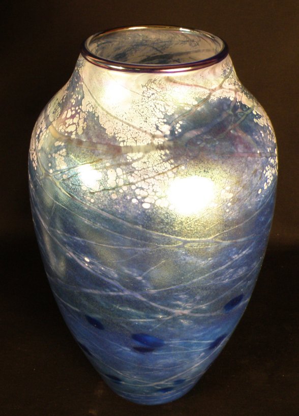 Irridescent Vase in the style of Loetz,: hand-blown glass, signed T. St???and dated 1997 on base, 14"H