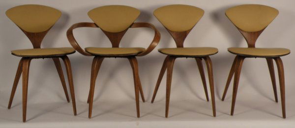 Plycraft Set of Four Chairs, Including one: "Pretzel" and three side chairs, vinyl upholstred, snd plycraft, 31 1/2"H
