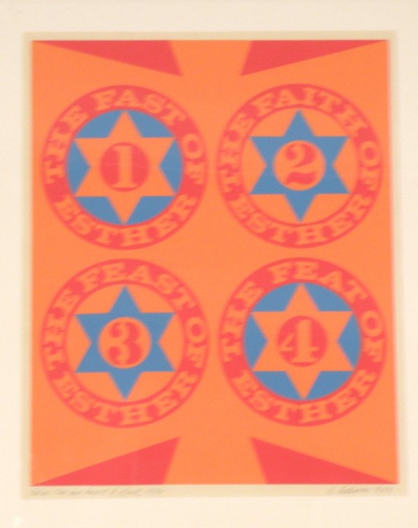 Robert Indiana (20th C. USA) "Purim: The Four: Faces of Esther"color screenprint, 1967, signed and dated lower right, edition? /90, 26 1/2"x21 3/4", Printed by Chiron Press, NY, published by the Jewish Museum, NY.