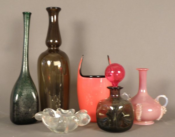 Lot of Italian Art Glass: including Seguso Vase, Raymor Bottle, 40s Barovier dish, 6 pieces Tallest 17.5" h…shortest 2.5" h