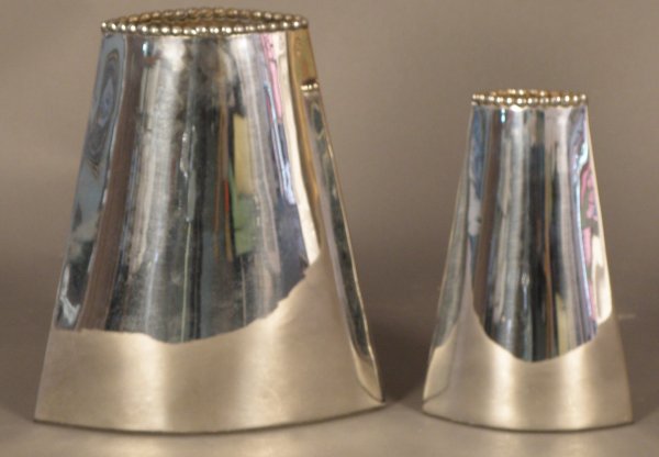 Pair Modern Chrome Vases signed "Michael Aram": 9"H, 7 1/4"H