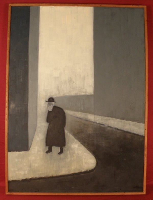 E. Blake (USA, 20th c.) : " Cityscape with A Rabbi Taking a Walk " oil/canvas, snd LR, 35 1/2" x 49 3/4", Framed 36 1/2" x 51"