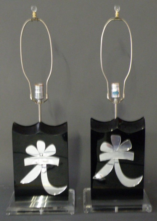 Pair of decorative lamps, signed Van Teal: acrylic, lucite and mirror plastic, signed on base, 18 1/2" , overall 29 1/4", condition: minor chip to the edge and scratch to one, overall minor surface wear to both