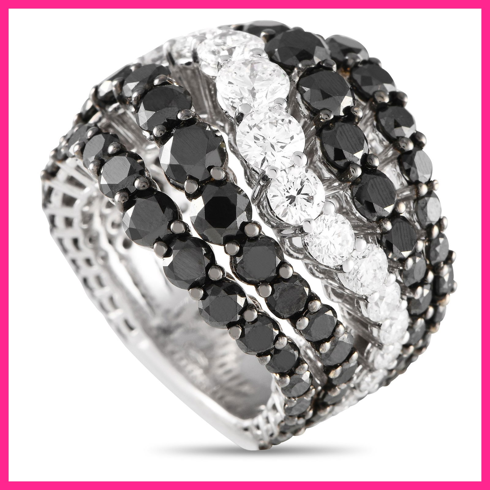 Bucherer 18K White Gold 10.86ct Black and White Diamond Ring: A stunning array of diamonds makes this Bucherer ring simply unforgettable. Alternating bands of black diamonds totaling 8.20 carats and white diamonds totaling 2.66 carats are only elevated by the cu