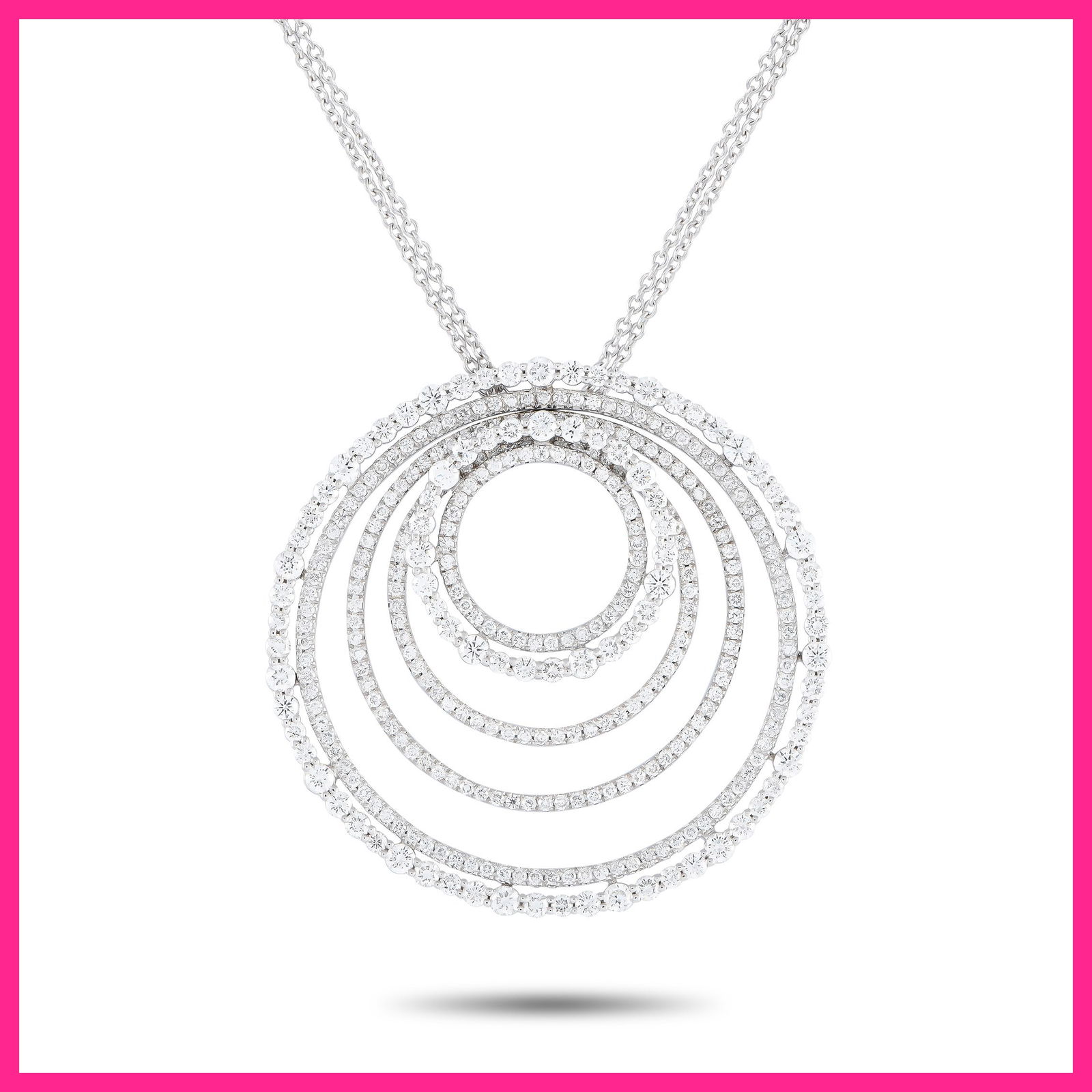 Bucherer 18K White Gold 4.25ct Diamond Circle Necklace: Possessing endless sparkle, this white gold Bucherer necklace offers a brilliant way to round out your look. It features a double-strand necklace with a lobster clasp. The pendant is made of six rings