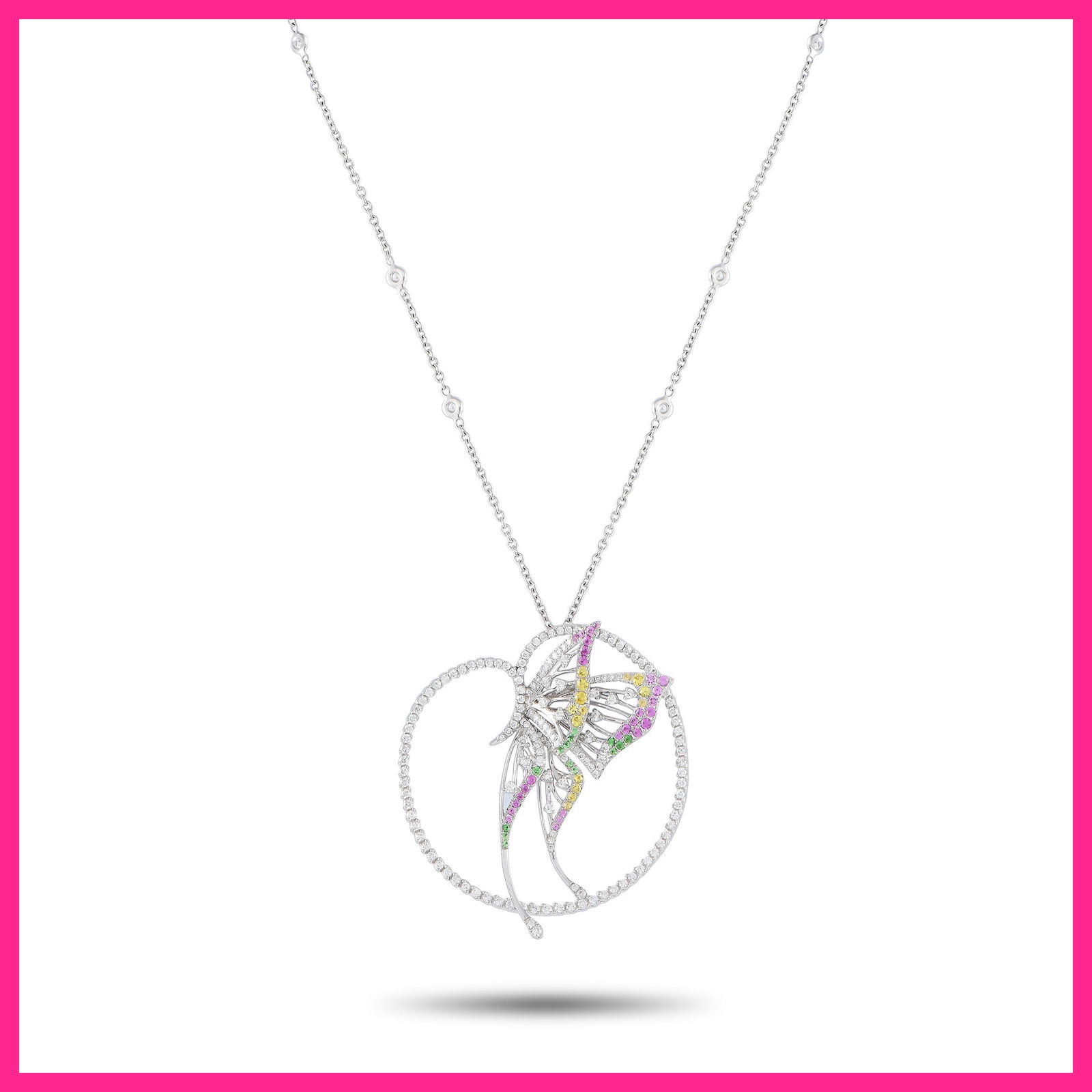 Bucherer 18K White Gold 2.20ct Diamond, Sapphire and Tsavorite Butterfly Necklace: Trust us, this Bucherer necklace can elevate your style to new heights. Rendered in white gold, this beautiful piece carries a slim chain with a captivating butterfly pendant. The delicate-looking pap