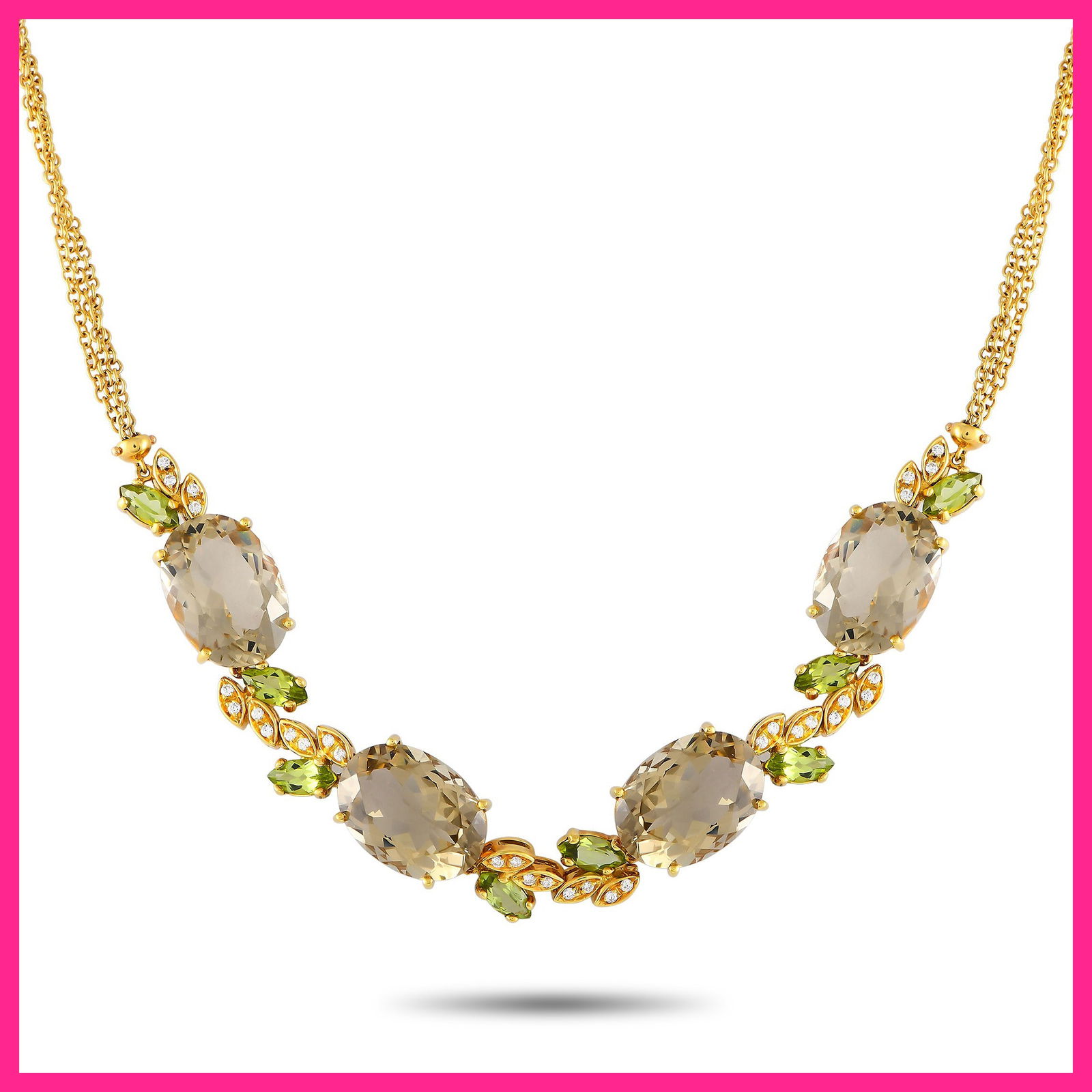 Bucherer 18K Yellow Gold .50ct Diamond, Quartz and Peridot Necklace: Ready for the next soire? Polish your outfit with this impressive multi-gem necklace from Bucherer. This 17-inch-long necklace in 18K yellow gold boasts a double chain detailed with an opulent trail o