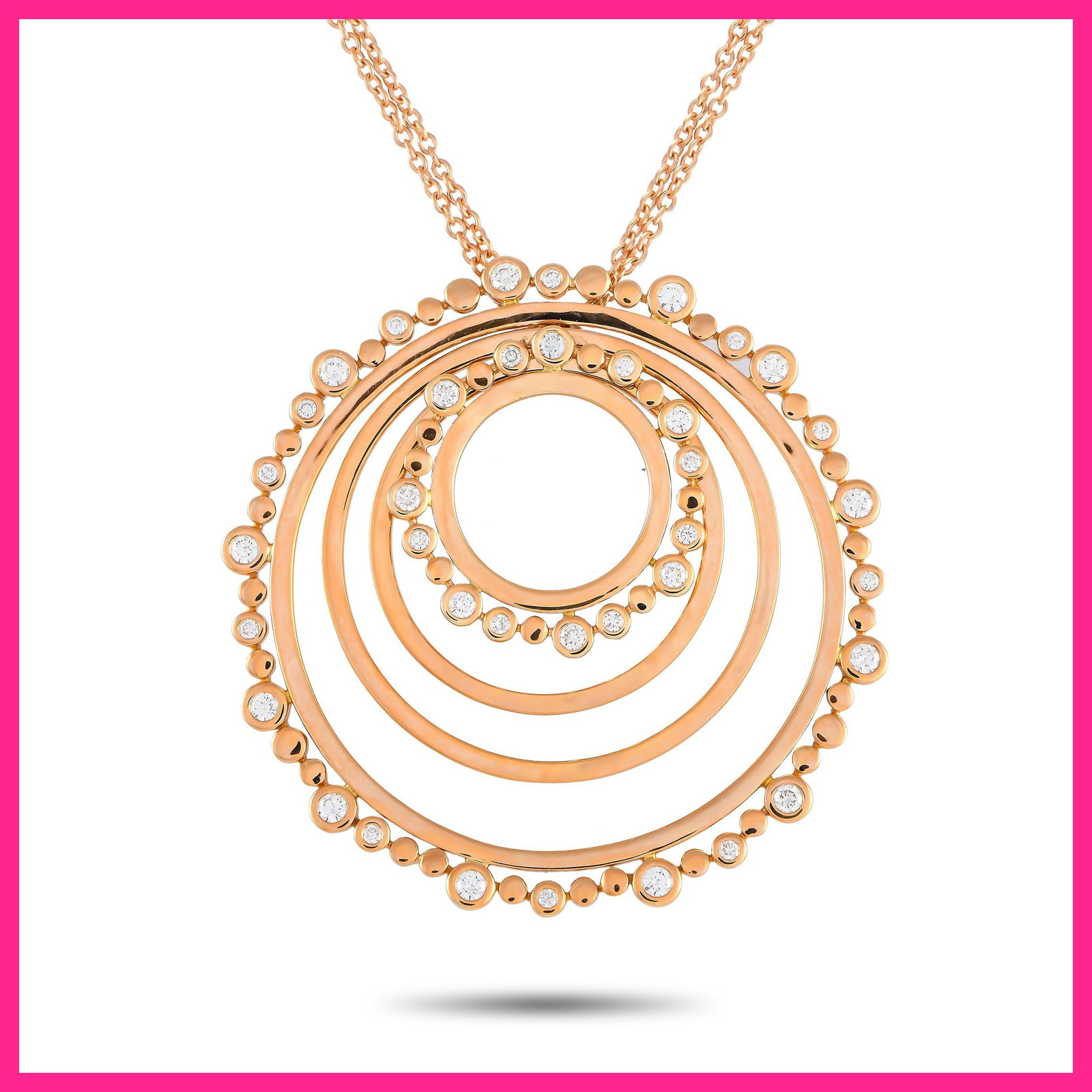 Bucherer 18K Rose Gold .89ct Diamond Circle Necklace: Bucherer combined beauty and elegance in this rose gold necklace with a diamond-dotted round pendant. The pendant features multiple rings arranged in an off-centered concentric patter. Two of the ring