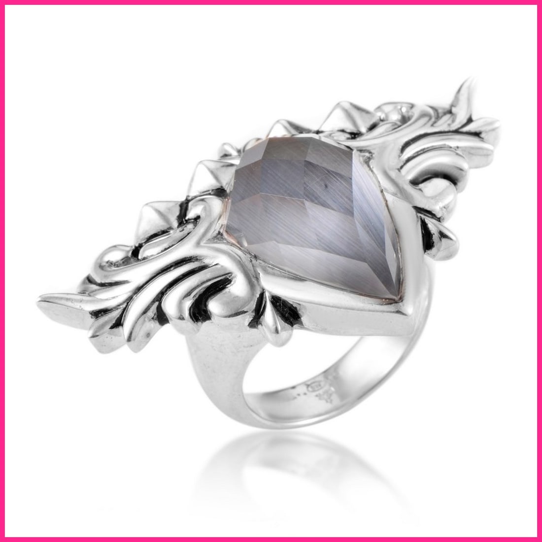 Stephen Webster Superstud Baroque Sterling Silver Cat's Eye & Quartz Ring: The elegance and daring edge of this ring is impressive in its heraldry to Stephen Webster. The pear cut, multifaceted stone gray cat's eye quartz is otherworldly in its own beauty. The sterling silve