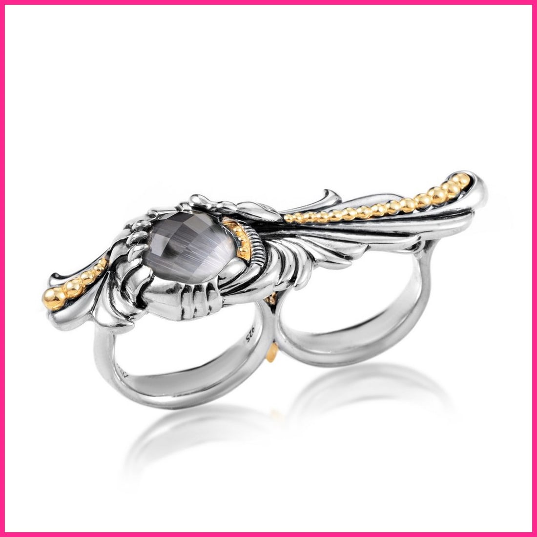 Stephen Webster Jewels Verne Silver Cat's Eye & Quartz Double Finger Ring: Magical in its elegance and ethereal colors, this gracefully designed Stephen Webster two-finger ring is a stunning example of classic style being made contemporary. The focal point is the urbane broo
