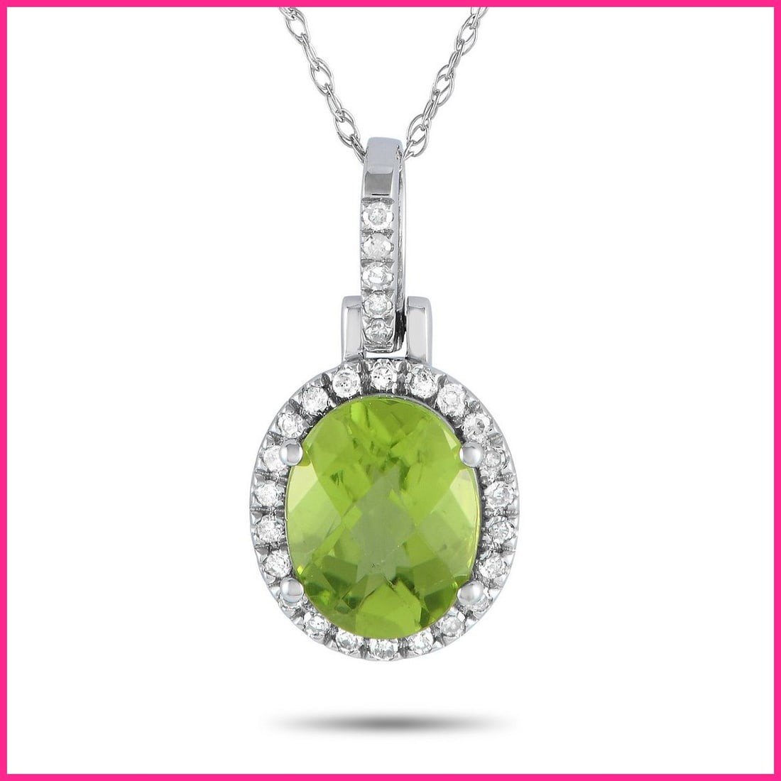 14K White Gold 0.13ct Diamond and Peridot Oval Pendant Necklace (1 of 4)