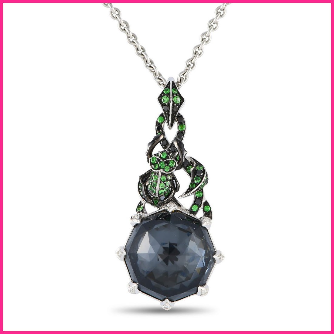 Stephen Webster 18K White Gold Quartz and Tsavorite Pendant Necklace: This Stephen Webster necklace has an instantly captivating appearance that will continually draw the eye and capture your imagination. Suspended from a 17 chain, youll find a dynamic serpentine pendan