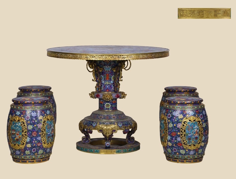 A set of Qing precision casting copper cloisonné cloisonné enamel hundred birds Chaofeng round (1 of 9)