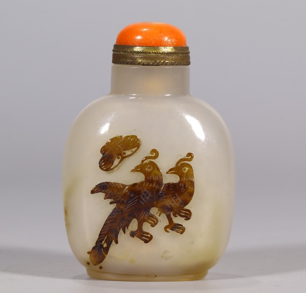 A piece of agate skin, carved bird butterfly snuff bottle (1 of 9)