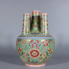A pair of Qing Qianlong enamel painted gold entwined branch lotus five-tube bottles (1 of 8)