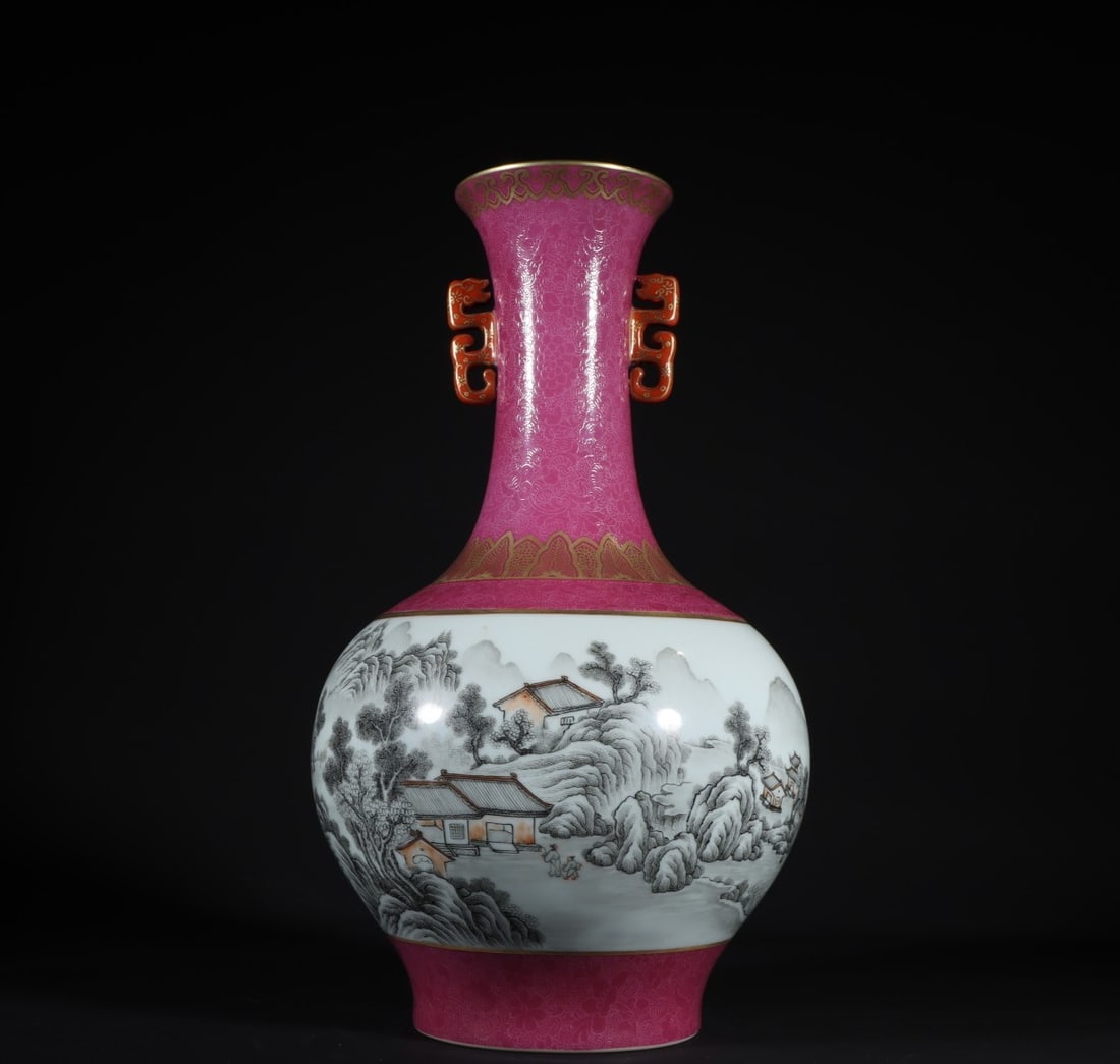 A Qing Dynasty Qianlong carmine glaze ink color landscape pavilion amphora: Qing Dynasty Qianlong carmine glaze ink color landscape pavilion amphora SIZE: H:34cm W:21cm (The Dimensions Of All Batches Are Manually Measured.If You Need More Detailed Information, Please Contact