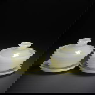 A pair of Qing Dynasty Hetian jade bowls: A pair of Hetian jade bowls in the Qing Dynasty SIZE: D:8.0cm H:6.5cm W:505g (The Dimensions Of All Batches Are Manually Measured.If You Need More Detailed Information, Please Contact Our Customer Ser