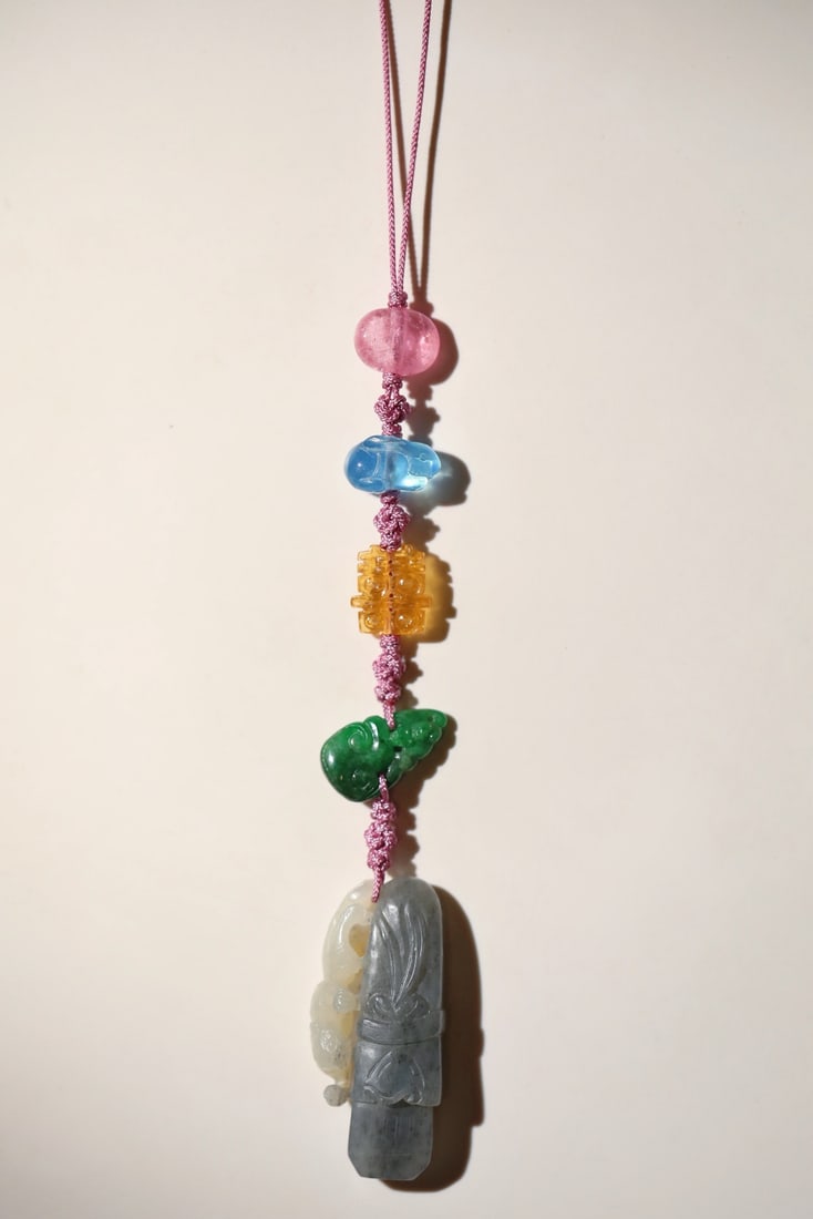 A piece of blue and white seed jade carved dragon qin multi-treasure pendant (1 of 9)