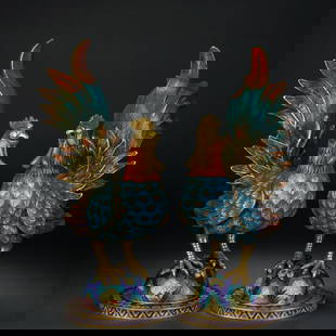 A pair of cloisonné enamel chickens from the Qing Dynasty: Qing Dynasty cloisonné enamel chicken SIZE: L: 20cm W: 13cm H: 32cm to W: 6.5kg (The Dimensions Of All Batches Are Manually Measured.If You Need More Detailed Information, Please Contact Our Customer