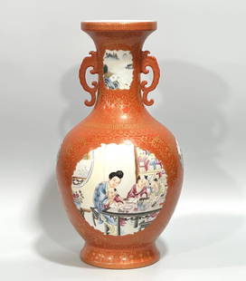 A Qing Dynasty Qianlong Yangcai coral red painted gold flower windowed figure landscape amphora: Qing Dynasty Qianlong Yangcai coral red painted gold flower window figure landscape amphora SIZE: H:34cm Belly D:18cm (The Dimensions Of All Batches Are Manually Measured.If You Need More Detailed Inf