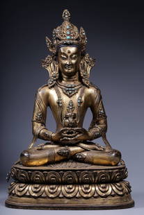 A bronze gilt turquoise inlaid statue of a seated Buddha of longevity from the Qing Dynasty: A bronze gilt turquoise sitted Buddha statue of the Qing Dynasty SIZE: H:26.5cm L:17cm W:11.5cm W:2810g (The Dimensions Of All Batches Are Manually Measured.If You Need More Detailed Information, Plea