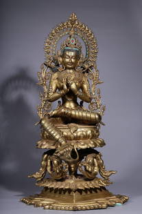 A seated statue of Pala bronze gilt inlaid with treasure green Tara from the Qing Dynasty: A seated statue of Pala bronze gilt inlaid with treasure green Tara from the Qing Dynasty SIZE: H:77cm L:43cm W:36cm W:27.6kg (The Dimensions Of All Batches Are Manually Measured.If You Need More Deta