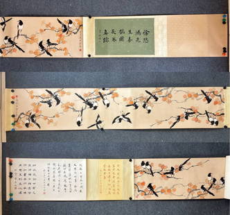 A handscroll of a magpie on paper by Xu Beihong: Xu Beihong's magpie hand scroll on paper SIZE: 46×235cm (The Dimensions Of All Batches Are Manually Measured.If You Need More Detailed Information, Please Contact Our Customer Service Before Bidding.
