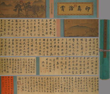 A handscroll of Shen Zhou's calligraphy painting landscape: Shen Zhou's handscroll of painted landscape calligraphy SIZE: 45x1200cm (The Dimensions Of All Batches Are Manually Measured.If You Need More Detailed Information, Please Contact Our Customer Service