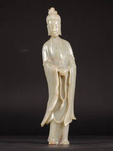 A standing statue of Guanyin from the Ming Dynasty with Hetian jade seeds: The statue of Guanyin of Hetian jade seed material in the Ming Dynasty SIZE: L:7.1cm W:4.8cm H:30.6cm W:1281g (The Dimensions Of All Batches Are Manually Measured.If You Need More Detailed Information