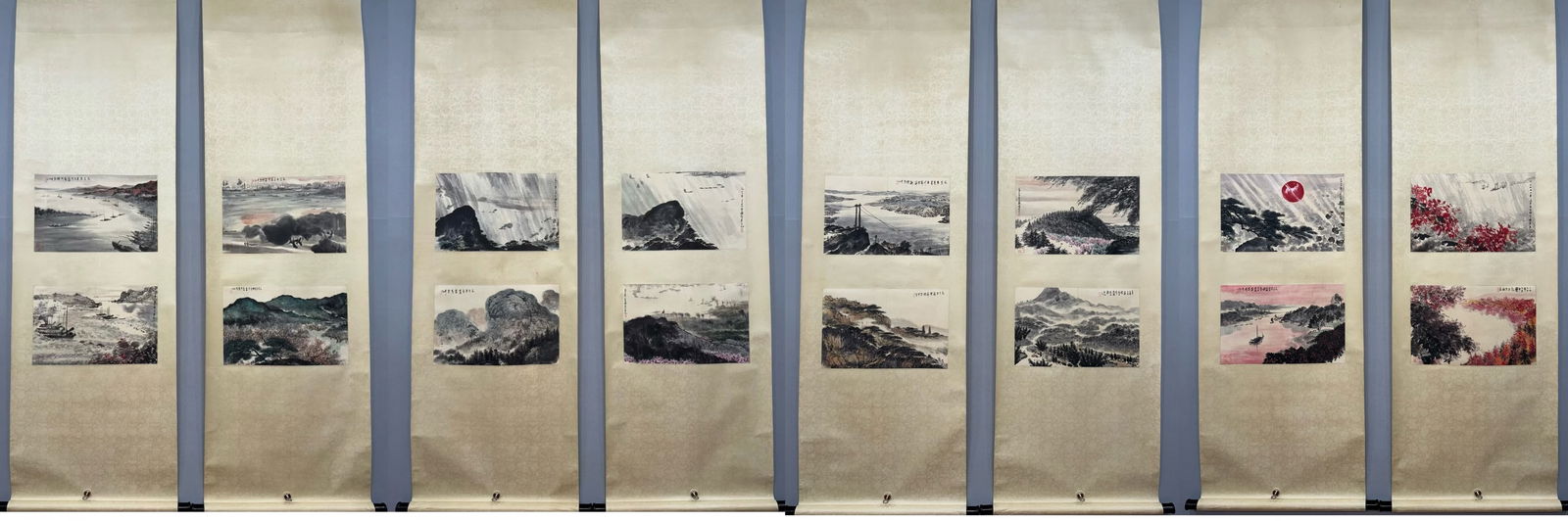 A picture of Fu Baoshi's fine sixteen scenes on the screen: Fu Baoshi's boutique sixteen scenes are on the screen SIZE: Painting core 30×47cm ×16 (The Dimensions Of All Batches Are Manually Measured.If You Need More Detailed Information, Please Contact Our C