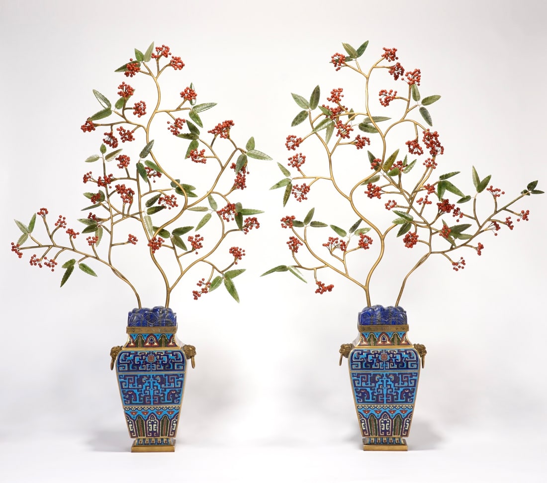 A pair of cloisonné inlaid lapis lazuli red agate bonsai from the Qing Dynasty court period (1 of 8)
