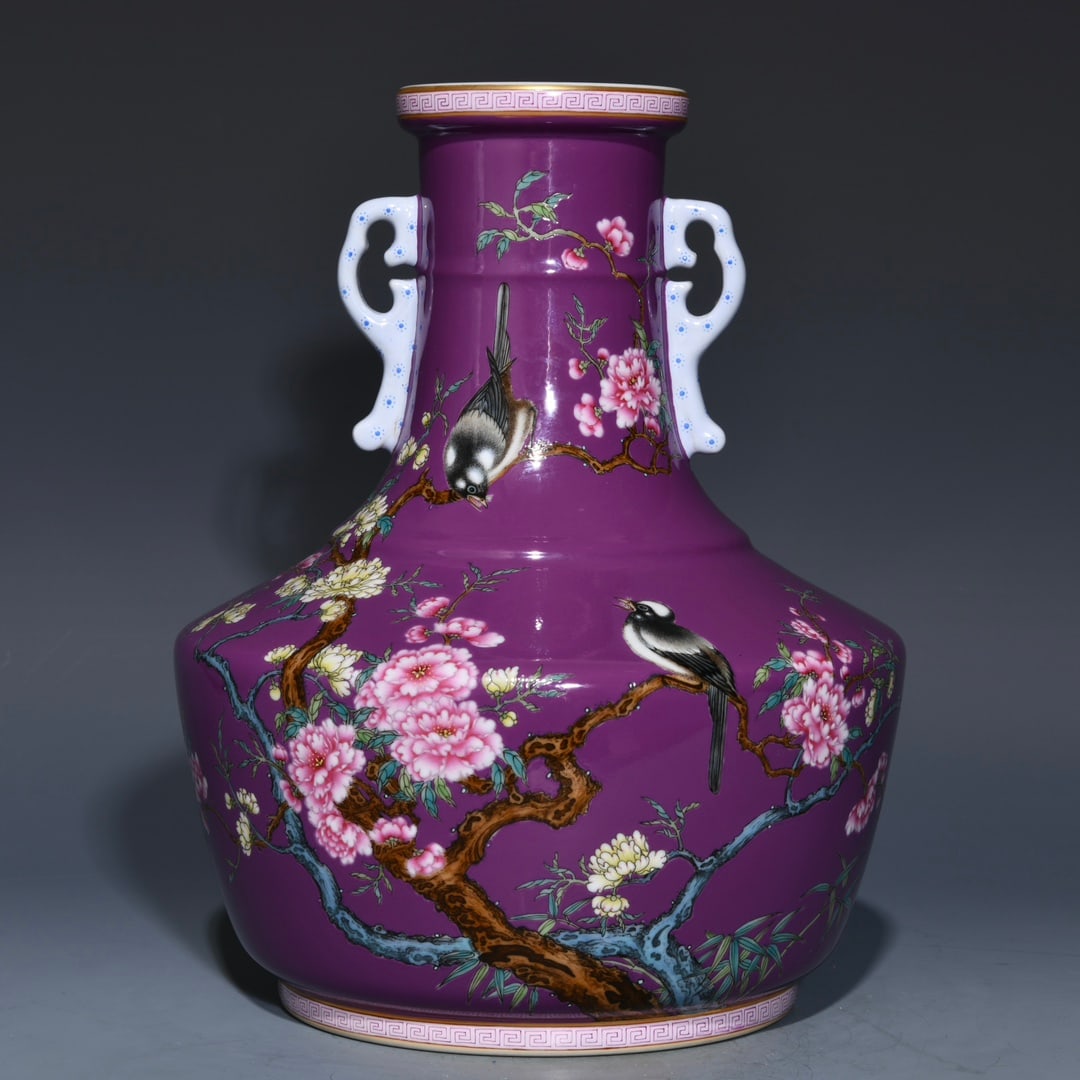 A piece of the Qing Dynasty Yongzheng year of the eggplant purple glaze pastel flower and bird: Qing Dynasty Yongzheng year made eggplant purple glaze pastel flower and bird pattern amphora SIZE: H:25.5cm D:21cm (The Dimensions Of All Batches Are Manually Measured.If You Need More Detailed Infor
