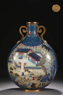 A pair of Qing Dynasty precision cast copper cloisonné cloisonné enamel character story picture: Qing Dynasty Precision Casting Copper Fetal Cloisonné Enamel Character Story Diagram Hug Moon Vase A Pair of [Style] Qianlong Year System [Details] This Moon Vase Refined Copper is the Fetus, the sha