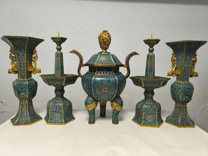 A set of cloisonné enamel five offerings from the Qing Dynasty: Five offerings of cloisonné enamel in the Qing Dynasty Incense burner 61x45cm flower goose 53x25cm candlestick 59x26cm (The Dimensions Of All Batches Are Manually Measured.If You Need More Detailed I