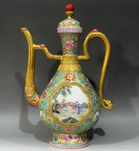 A piece of gold silk cloisonne gold carved agate red landscape flower baby play picture of the: Qing Dynasty Qianlong year of gold cloisonne gold carved agate red landscape flower baby play picture window gem Ruyi dragon head pot Size: H:39.6cm D:27.5cm Belly diameter:18cm Bottom:11.5cm ( The Di