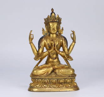 A bronze gilt turquoise coral four-armed Guanyin statue from the Qing Dynasty: Qing Dynasty bronze gilt inlaid turquoise coral four-armed Guanyin statue Size: 18.5x10.6x8cm W:1330.7g (The Dimensions Of All Batches Are Manually Measured.If You Need More Detailed Information, Plea