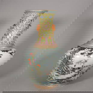 A pastel Lu Yan Tu poem animal ear vase made in the Qianlong year of the Qing Dynasty: Qing Dynasty Qianlong year of the pastel reed goose picture poem animal ear bottle Size: H:33.3cm (The Dimensions Of All Batches Are Manually Measured.If You Need More Detailed Information, Please Con