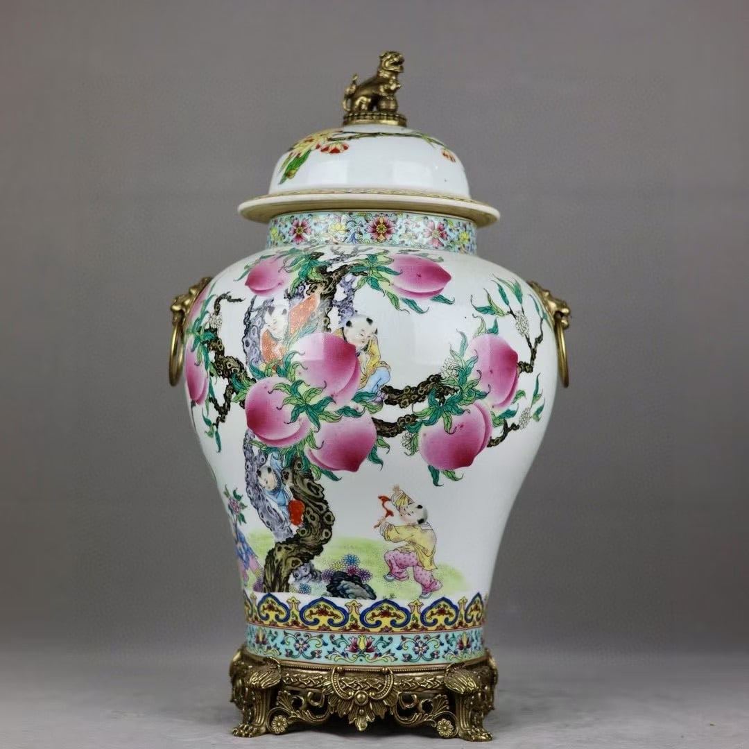 A beautiful pastel boy picking peach, bronze lion ring, amphora, jar: Exquisite pastel boy picking peach, bronze lion ring, amphora, general Size: H:52cm Mouth D:15.5cm D:28cm Bottom:20.5cm (The Dimensions Of All Batches Are Manually Measured.If You Need More Detailed I