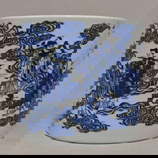 A blue and white Eight Immortals pen holder made in the Kangxi period of the Qing Dynasty (fired in: Qing Dynasty Kangxi year blue and white Eight Immortals pen holder (fired in a firewood kiln) Size: H:16cm D:17.8cm (The Dimensions Of All Batches Are Manually Measured.If You Need More Detailed Infor