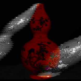 A Qing Dynasty Yongzheng year alum red pastel magpie plum pattern gourd bottle: Qing Dynasty Yongzheng year alum red pastel magpie plum pattern gourd bottle Size: H:33.2cm D:17cm (The Dimensions Of All Batches Are Manually Measured.If You Need More Detailed Information, Please Co