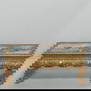 A Qing Dynasty Qianlong enamel carving auspicious eight treasures open window night banquet: Qing Qianlong model, enamel carving auspicious eight treasures open window banquet character story coffee table square stool Size: L:35cm W:15cm (The Dimensions Of All Batches Are Manually Measured.If
