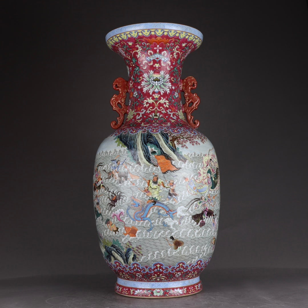 A Qianlong era of the Qing Dynasty, upper and lower carmine red ground pastels, Tongjing Eight: The Qing Dynasty's Qianlong era system of upper and lower carmine red ground pastels and eight immortals crossing the sea, each showing magical power pictures, amphora Size: Mouth D:28cm H:71.5cm Bell