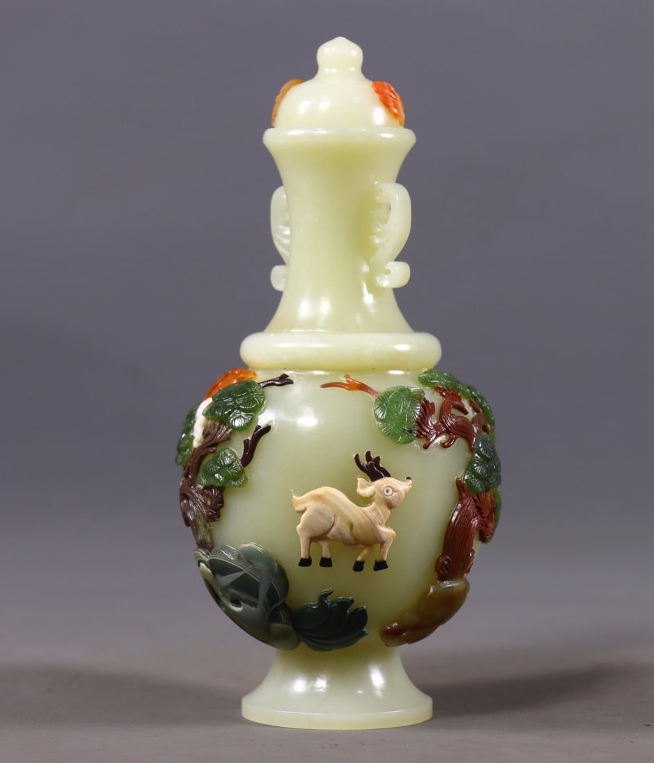A Ming Dynasty Hetian jade eight-treasure inlaid amphora: Ming Dynasty Hetian jade eight treasures inlaid amphora Size: H:18cm D:8cm W:417g (The Dimensions Of All Batches Are Manually Measured.If You Need More Detailed Information, Please Contact Our Custome